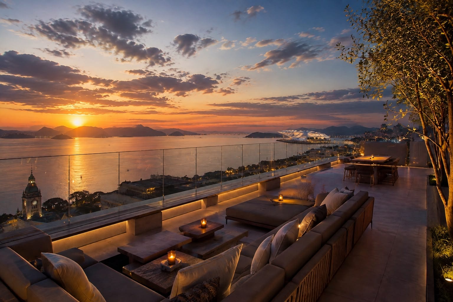 Rooftop do Residencial Erê com vista para a Baía de Guanabara ao pôr do sol