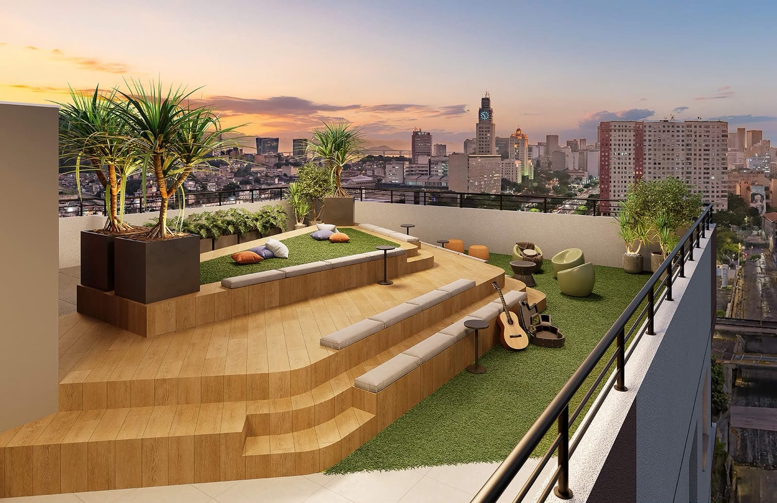 Rooftop com deck e vista da cidade